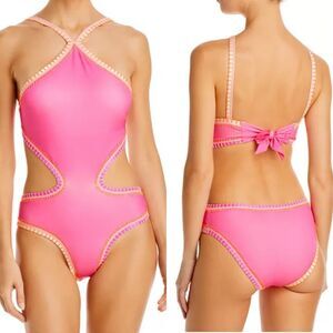 Nwt Anthropologie PilyQ platinum crochet pink cut out one piece swimsuit